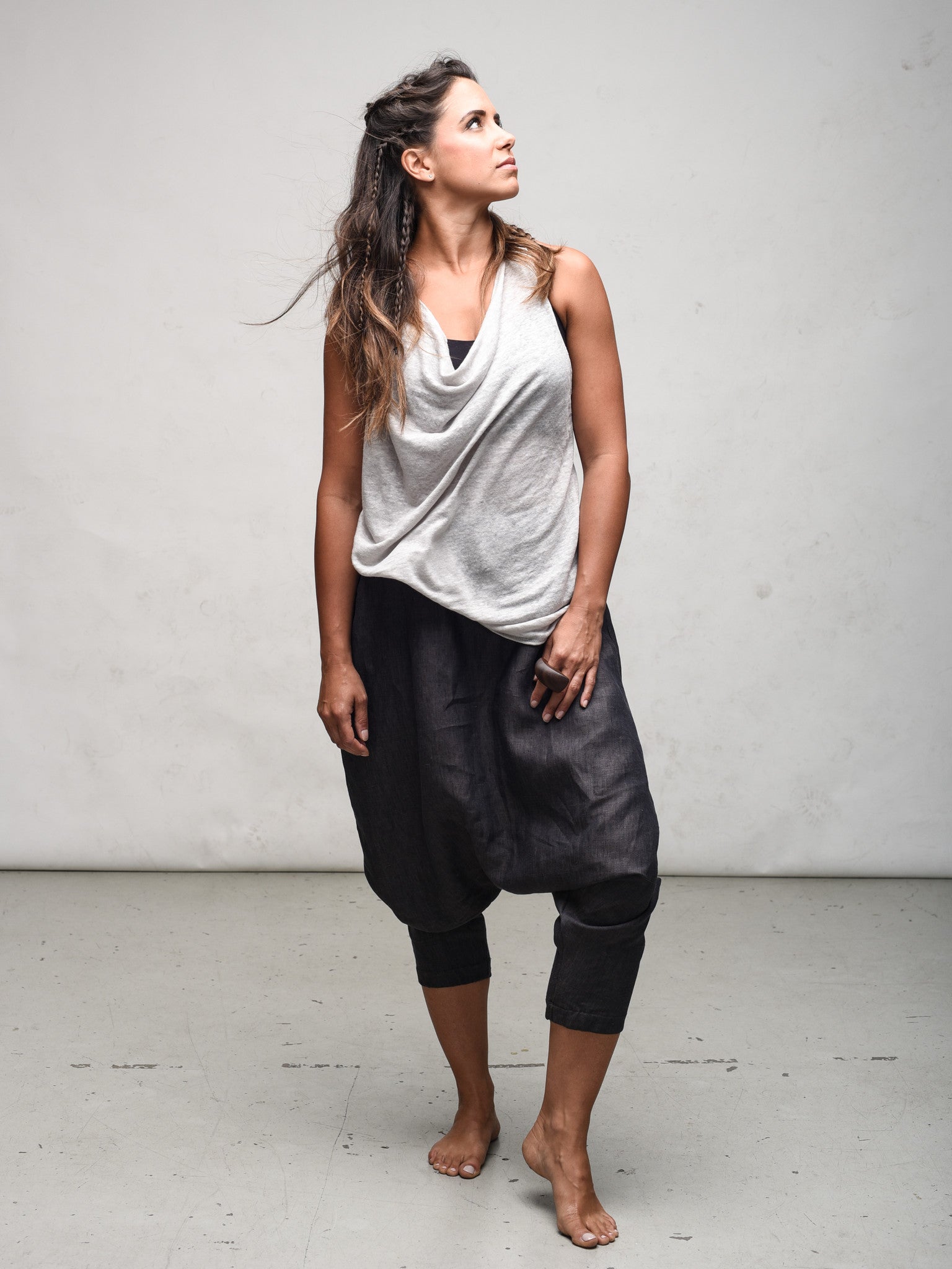 Zen Nomad Linen delphine racerback, drape neck, top for layering over dress, tanks to add elegance and texture